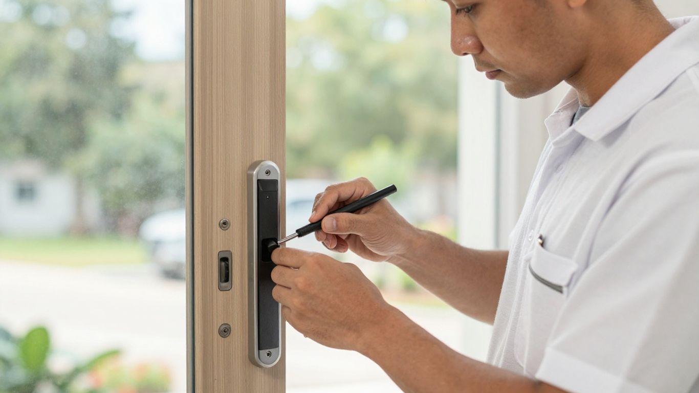 A professional technician inspects a residential lock system