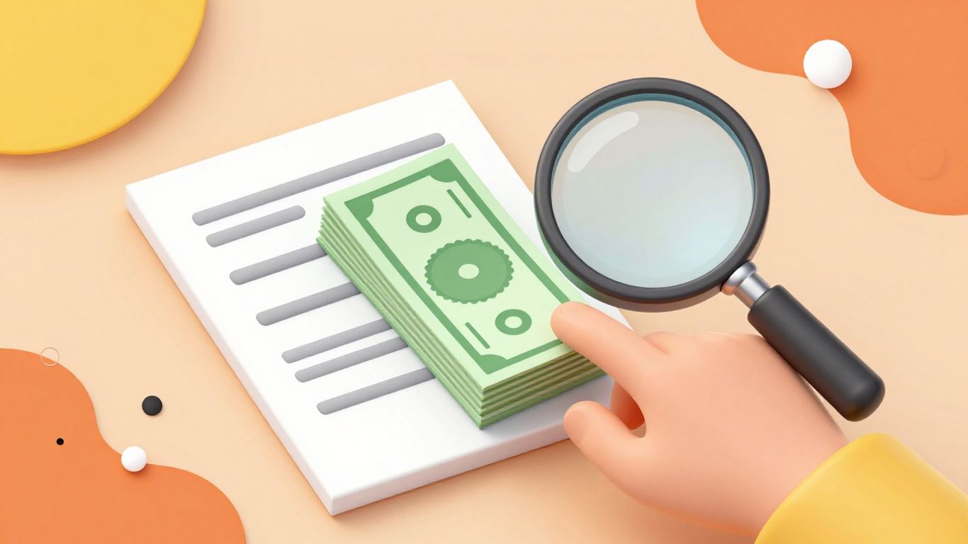 Cartoon hand with money and magnifying glass over document.