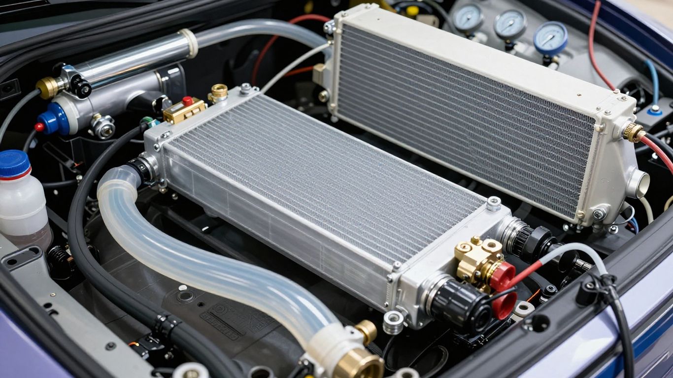 Model S battery cooling components on workshop bench