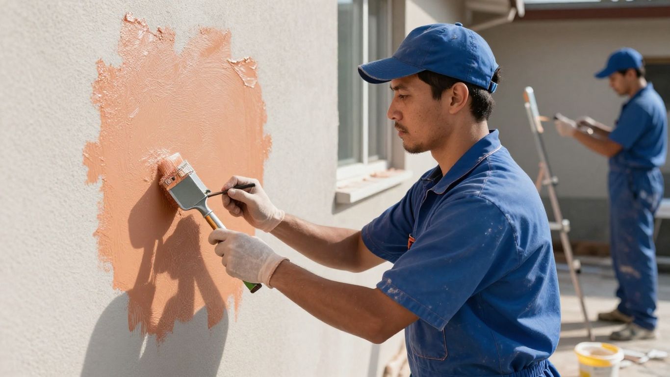 Professional painter applying paint to a house exterior.