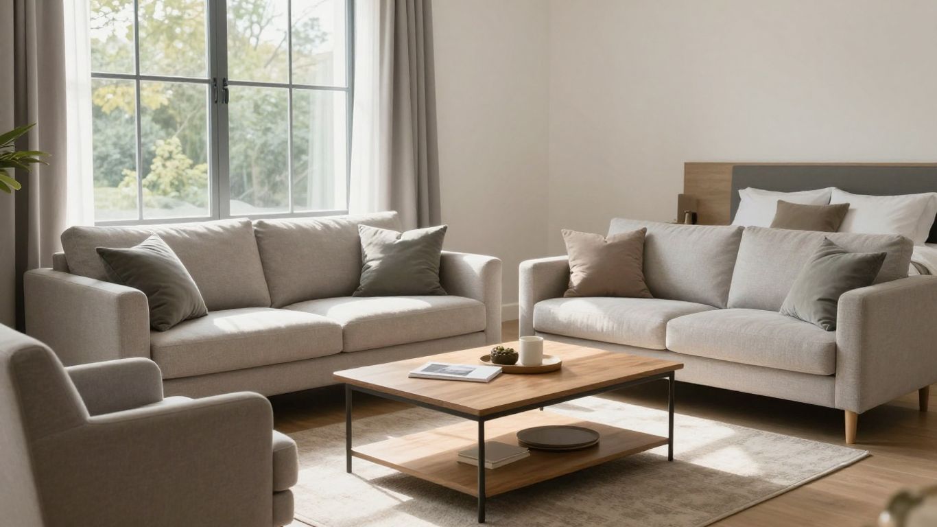 Stylish furniture in a sunlit living room for Airbnb.