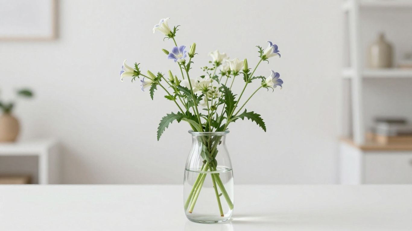 A curated minimalist floral bouquet on a wooden table