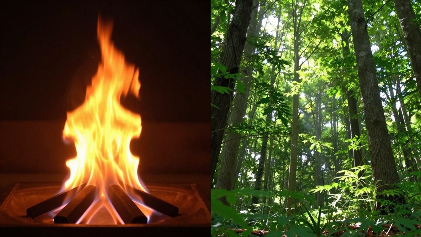Flamme de gaz naturel et forêt verte juxtaposées.