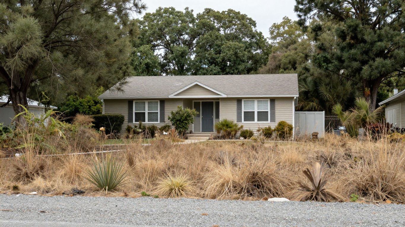Home with defensible space clearing for wildfire season.