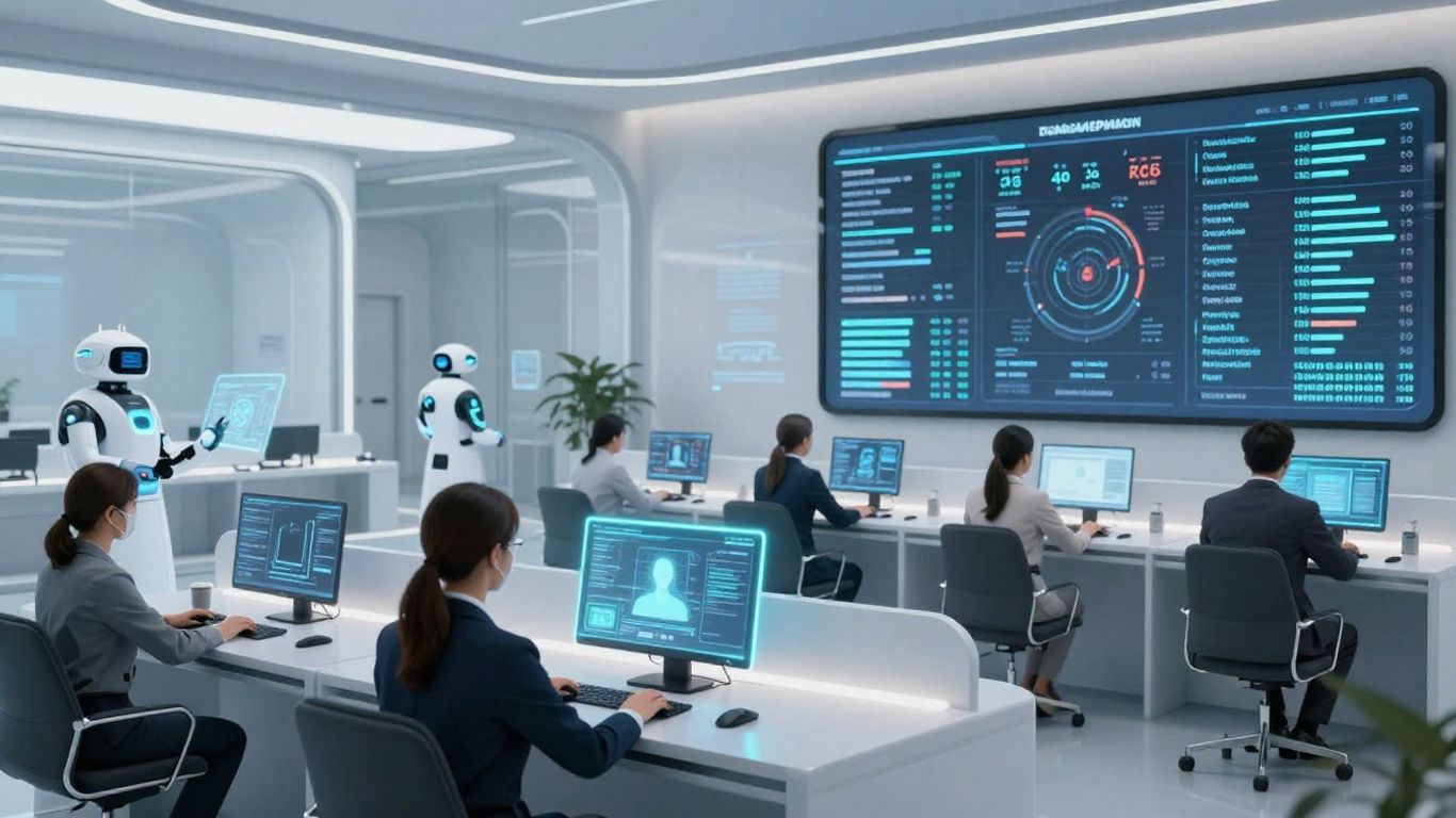 Futuristic call center with AI and holographic interfaces.