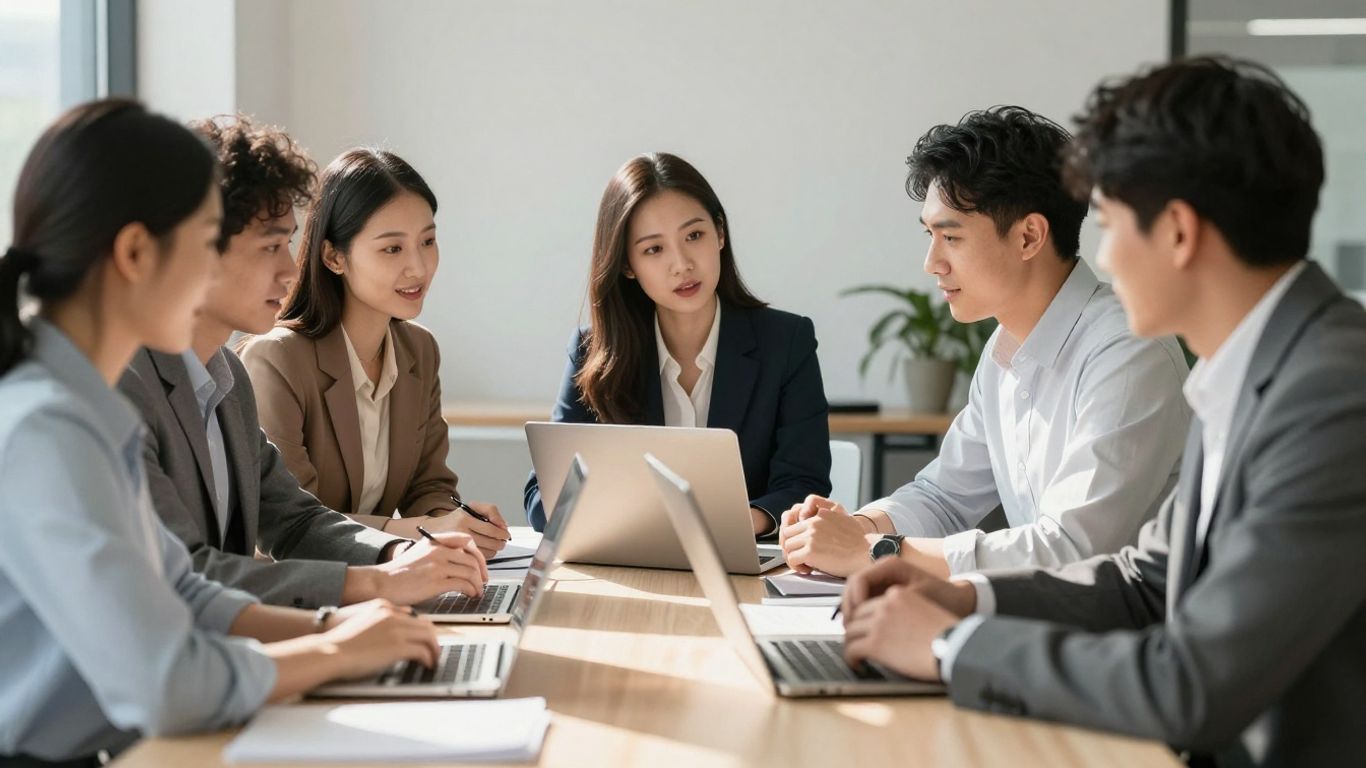 Business professionals collaborating in a modern office.