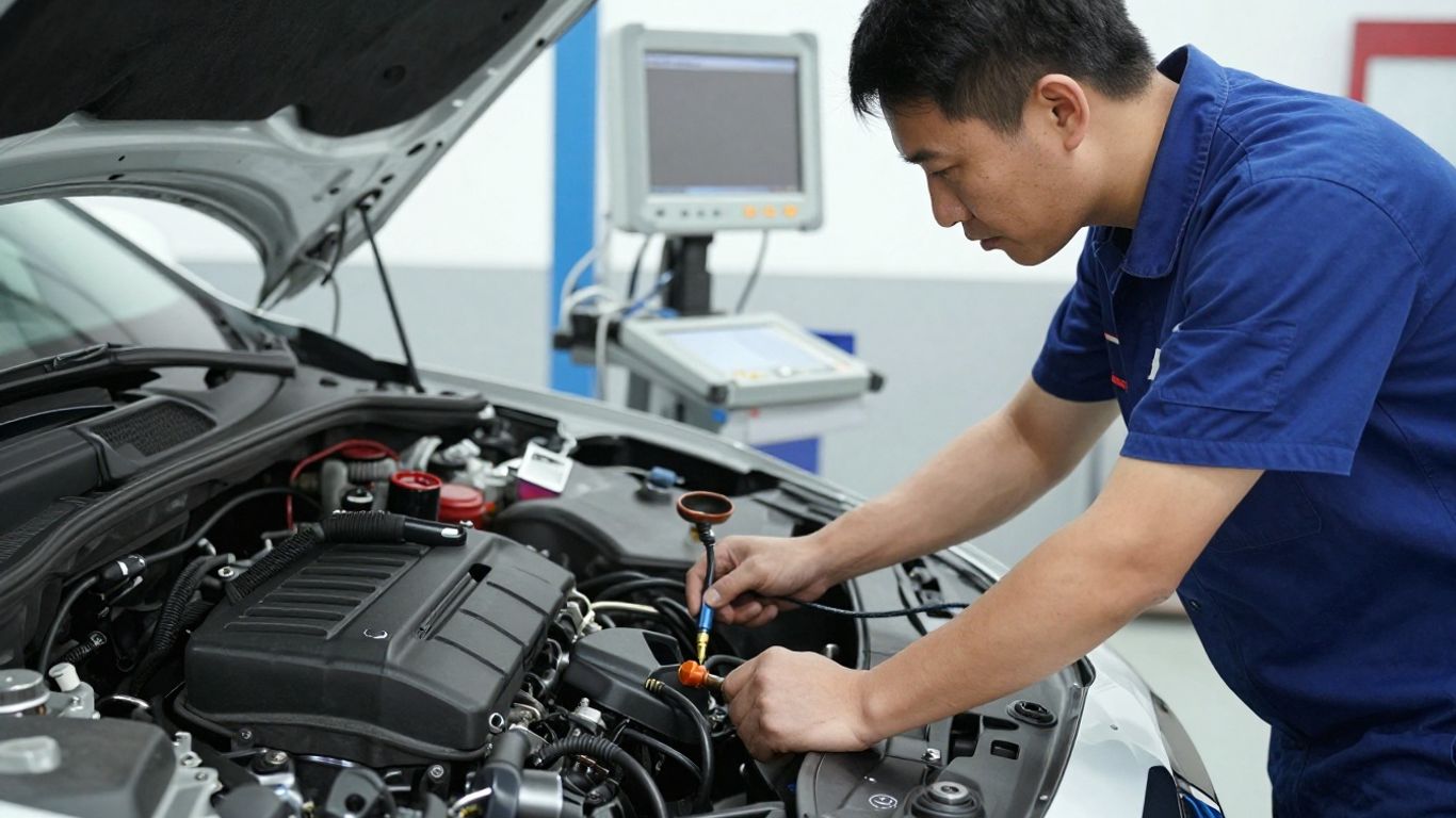 Ein Werkstattmechaniker prüft einen Motorzustand