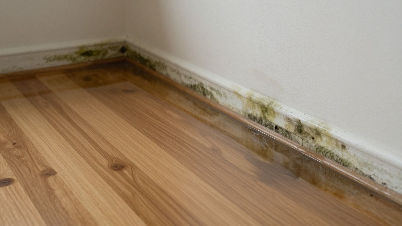 Flooded living room with visible water and mold damage.