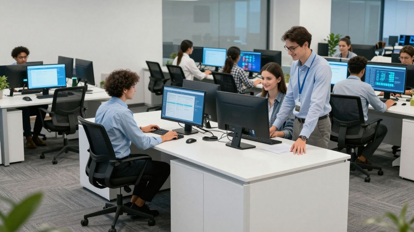 Profesionales de TI ayudando a usuarios en un centro de servicio.