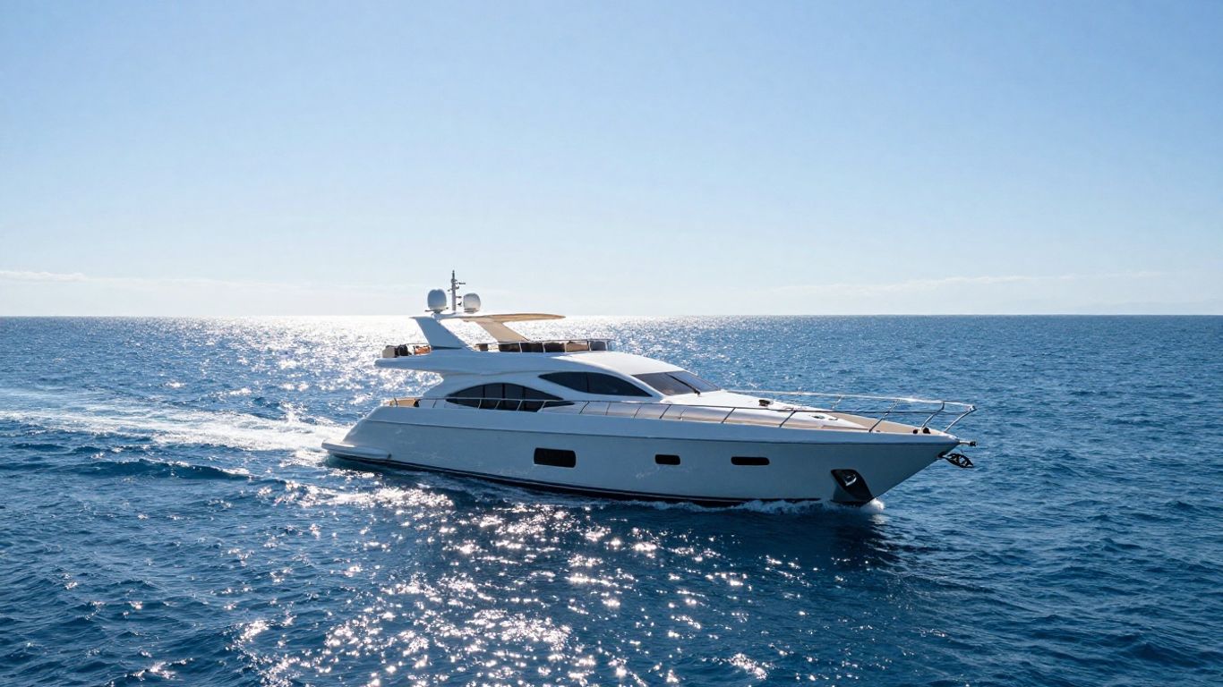 Luxurious yacht sailing on a calm, blue ocean.