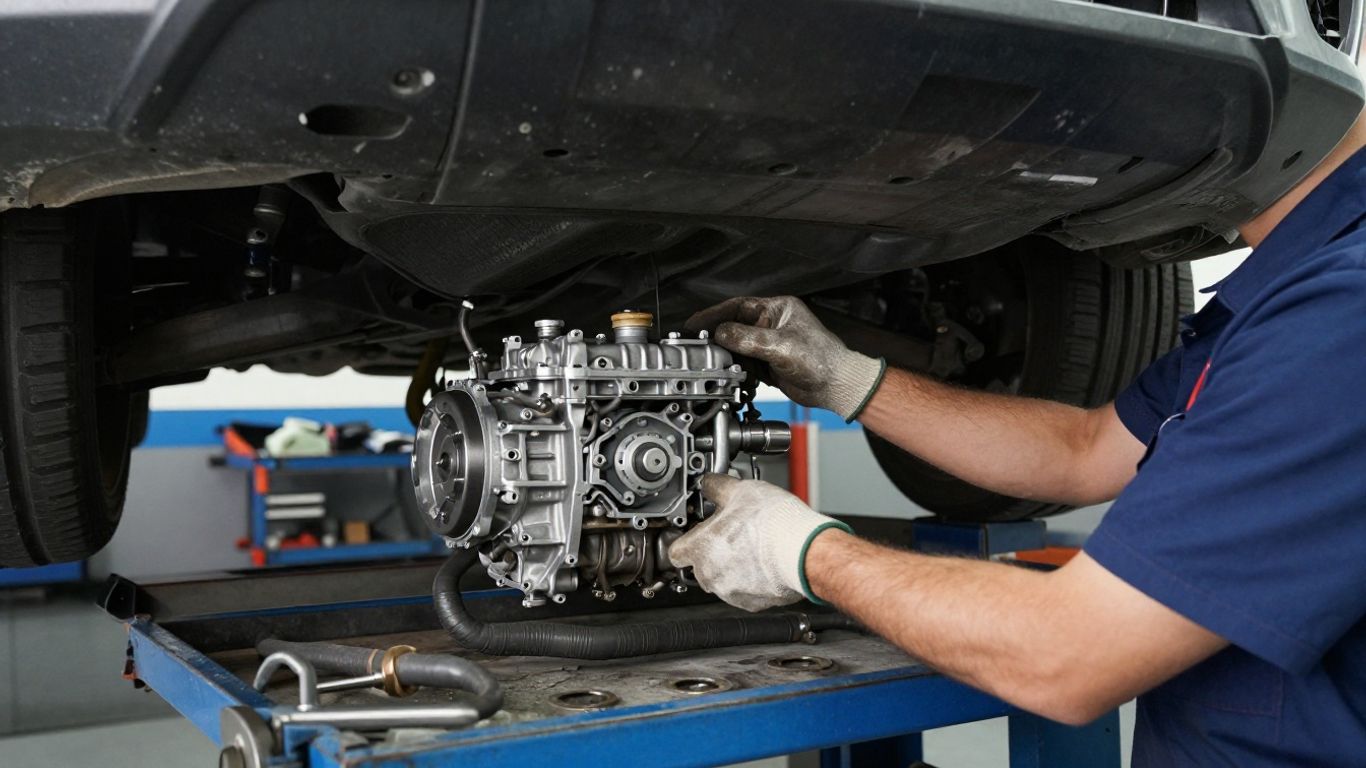 Automatic gearbox technician inspecting vehicle underside