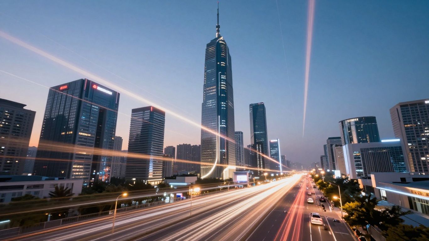 Futuristic cityscape with glowing light trails at dawn.