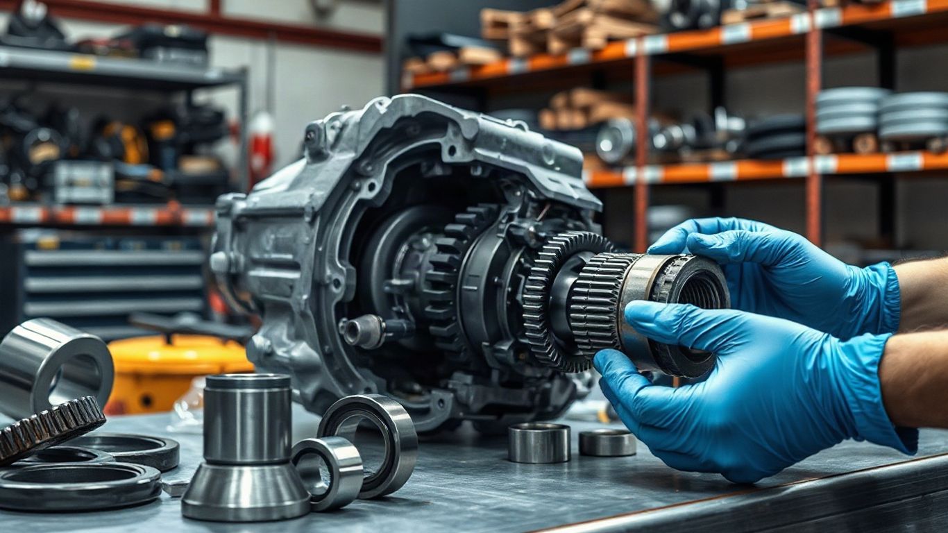 Technician inspecting transmission components carefully