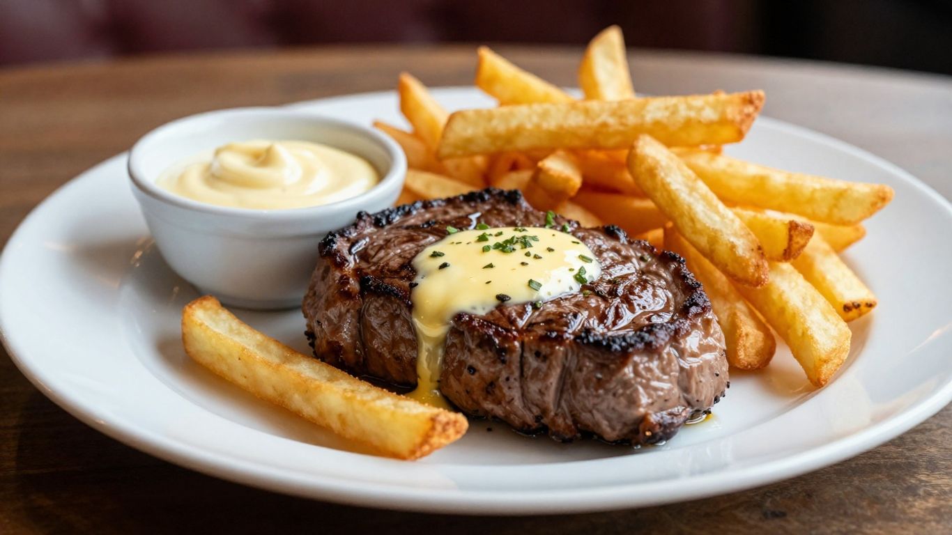 Steak frites with golden fries and béarnaise sauce.