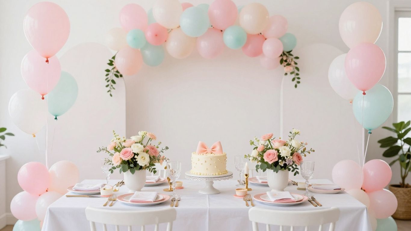 Elegant baby shower venue with balloons and flowers.