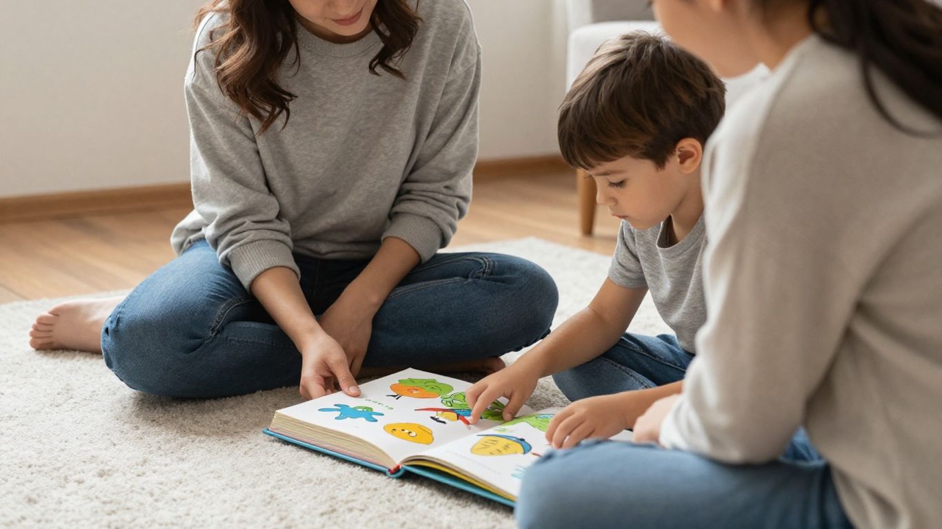 Caregiver and child discussing an illustrated story