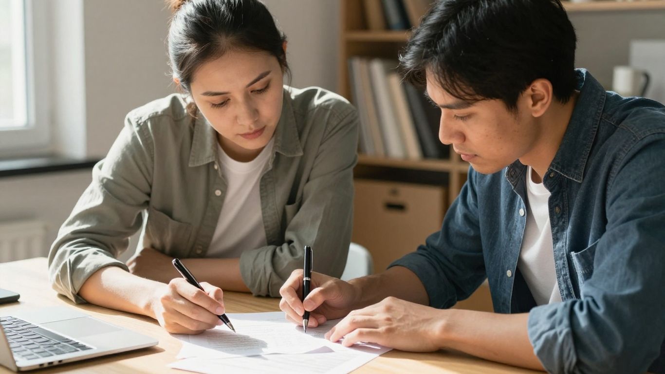 Pareja revisando documentos financieros juntos.