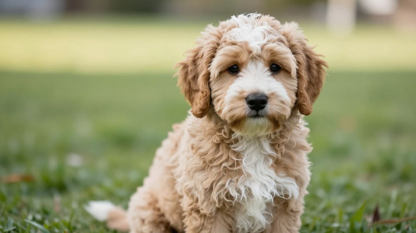 Bernedoodle puppy looking attentively outdoors.