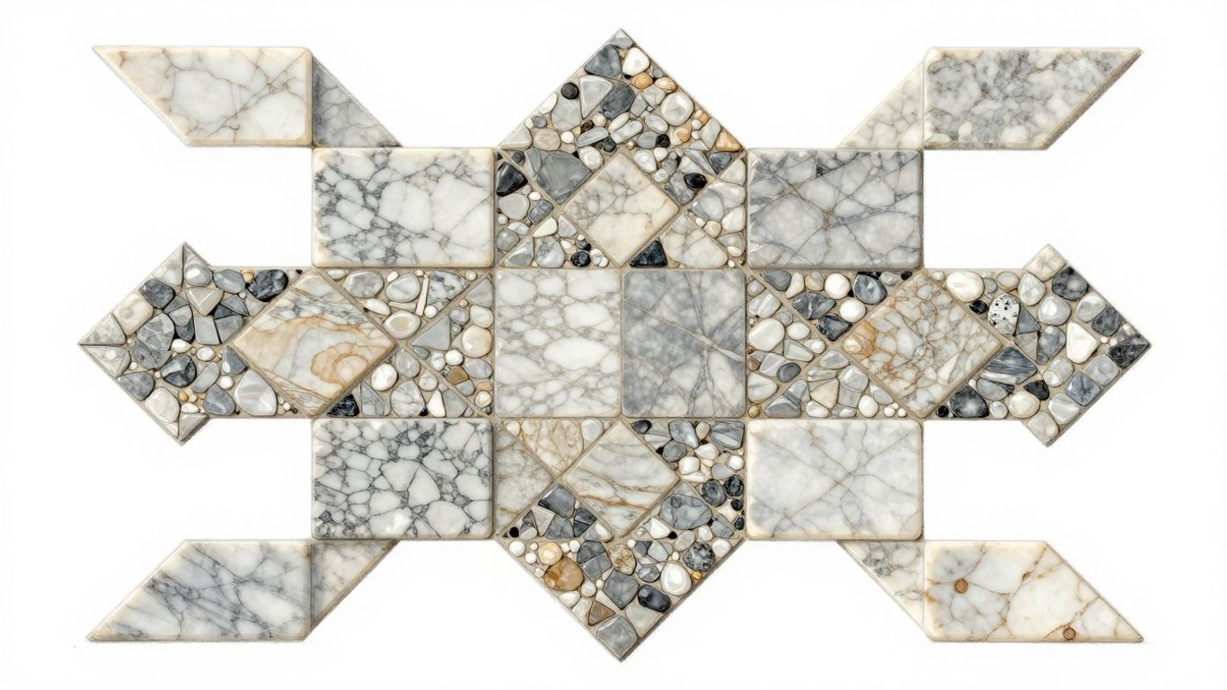 Marble mosaic tile with intricate geometric patterns.