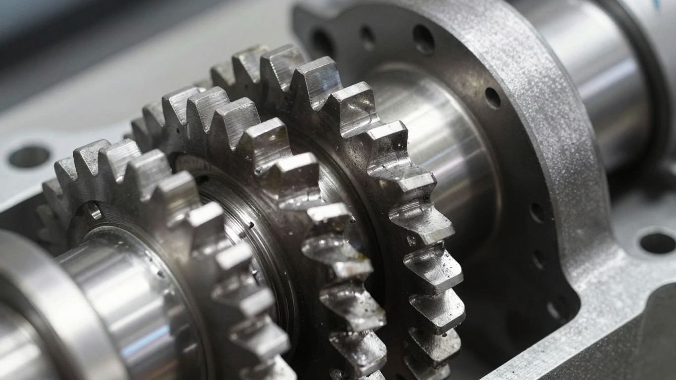 Close-up of intricate, clean, rebuilt gearbox gears.