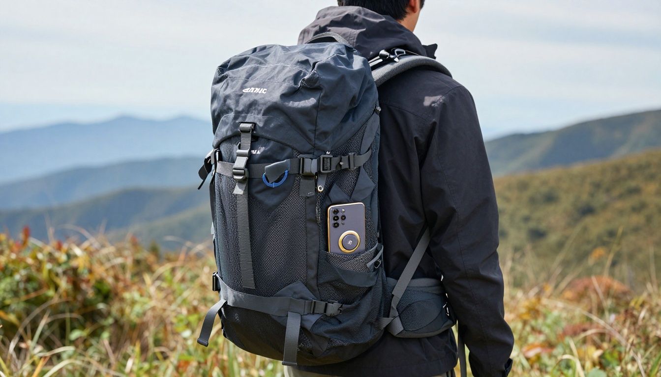 A person backpacking through the Blue Mountains, using their Galaxy S25 in a protective case to navigate.