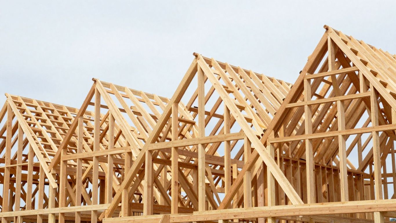 Various wooden roof framing structures and trusses.