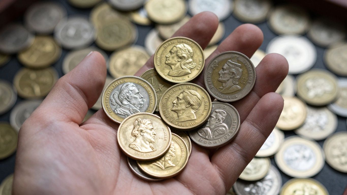 Collection of gold and silver coins.