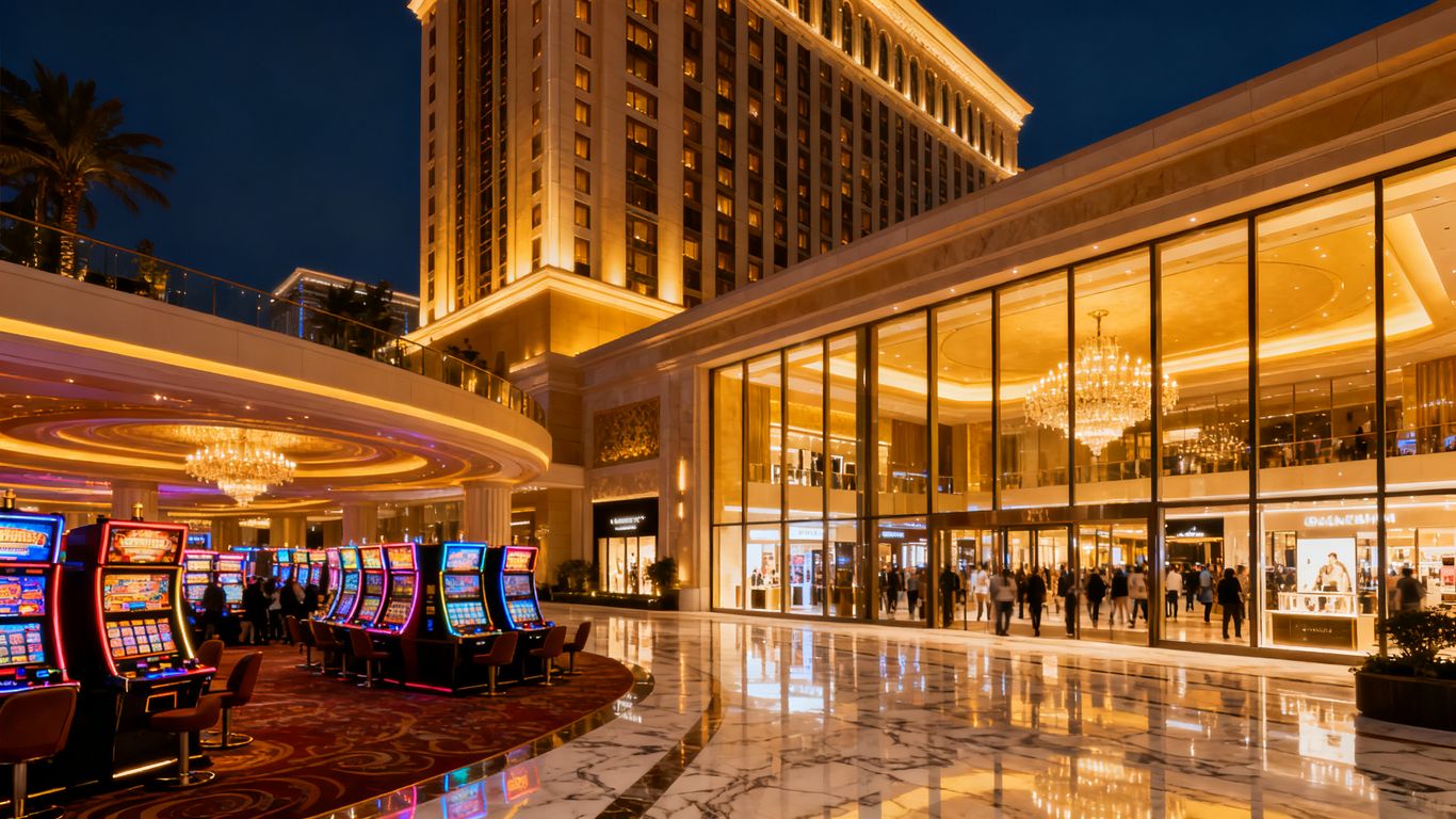 Integrated resort at night with casino, hotel, and retail.
