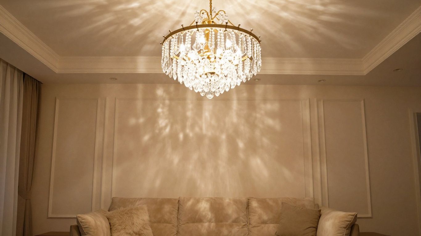 Small chandelier illuminating a modern living room.