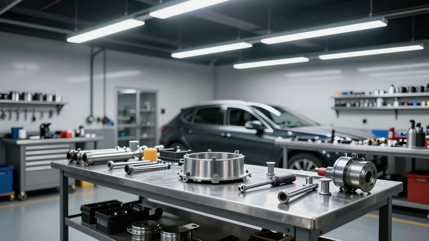 A clean organized garage with engine parts and tools