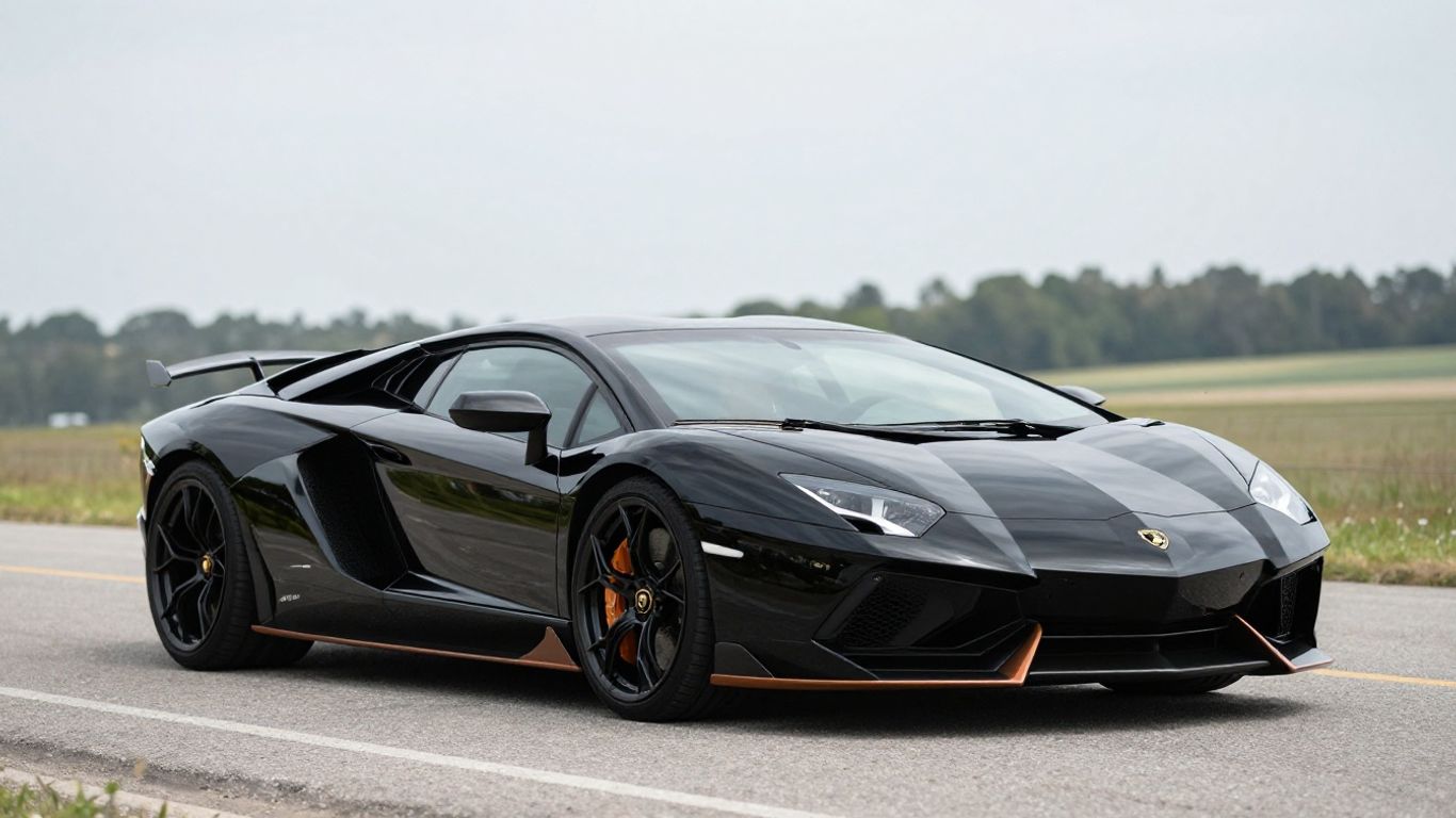 Black Lamborghini Aventador on a sunny road.