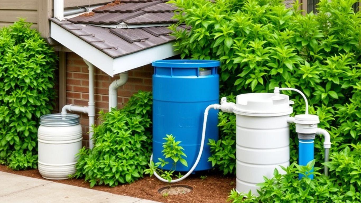 Rainwater harvesting systems with barrels and rooftop catchment.