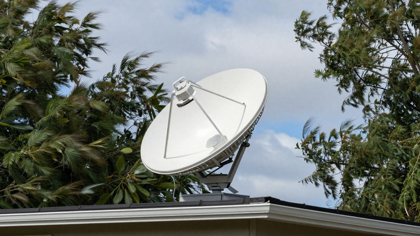 Starlink dish mounted on a windy rooftop.