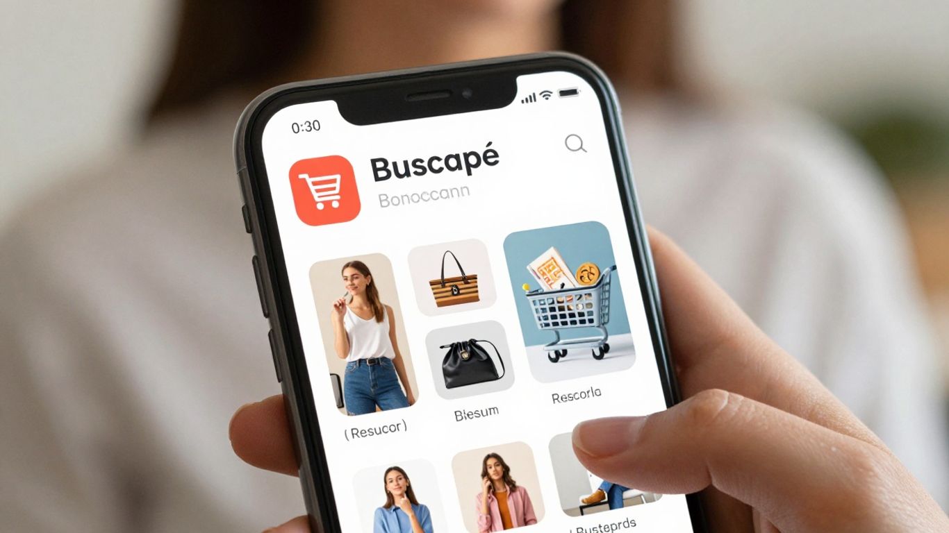 Tela de celular com app Buscapé e ícone de carrinho.