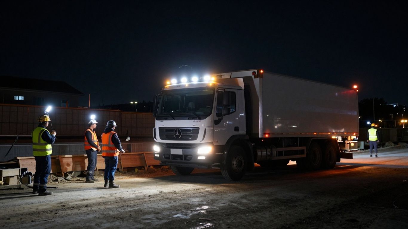 Utility truck at a construction site at night.