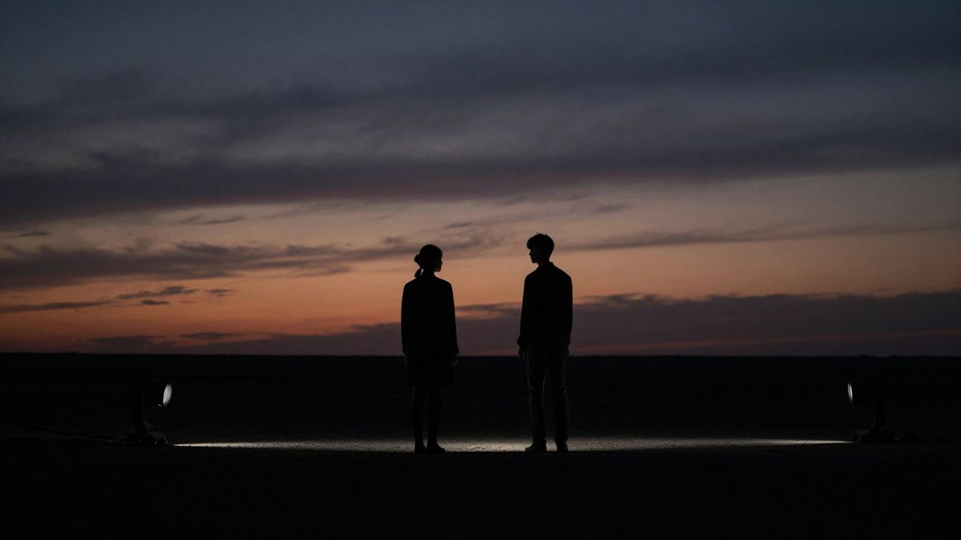 Two silhouetted actors remembered in a dramatic, illustrative scene.