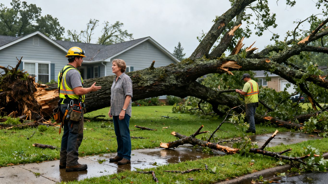 Tree crew assessing a storm-damaged tree beside a home