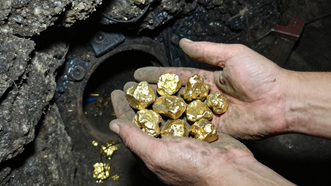 Mineur tenant des pépites d'or dans ses mains sales.