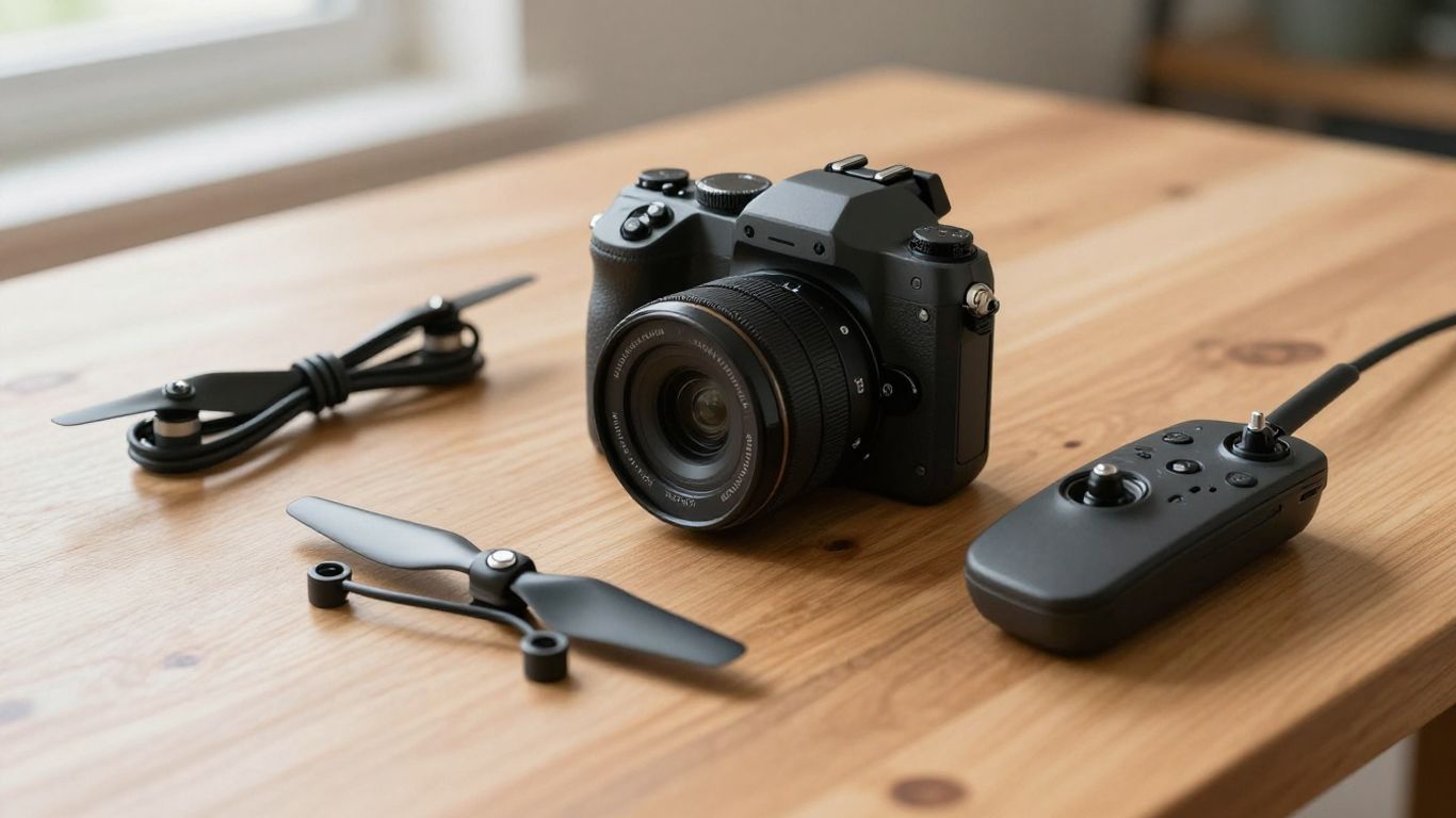 Small foldable drone and remote controller on wooden table