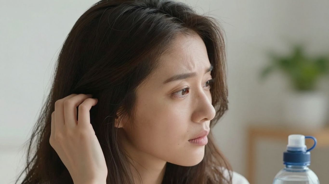 Woman concerned about hair loss, touching her hair.