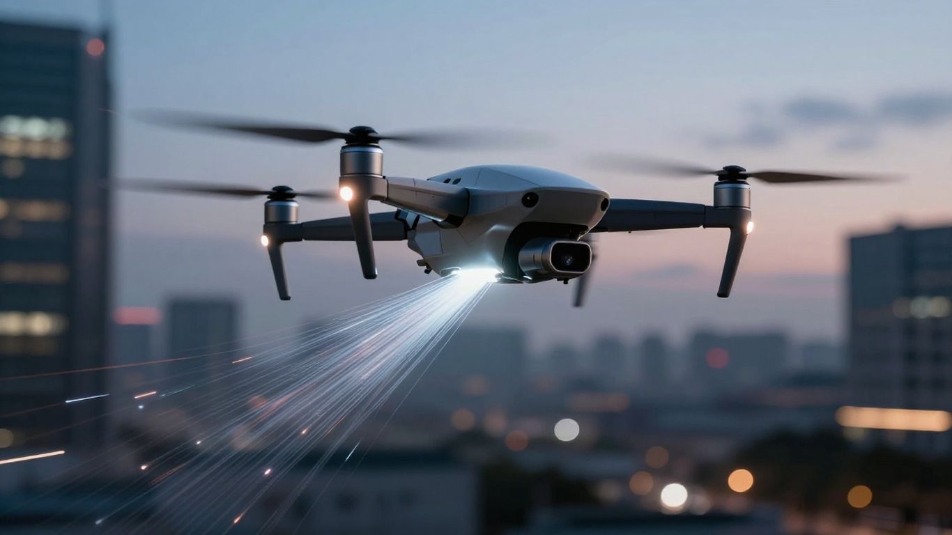 Drone with fiber optic cable against cityscape.