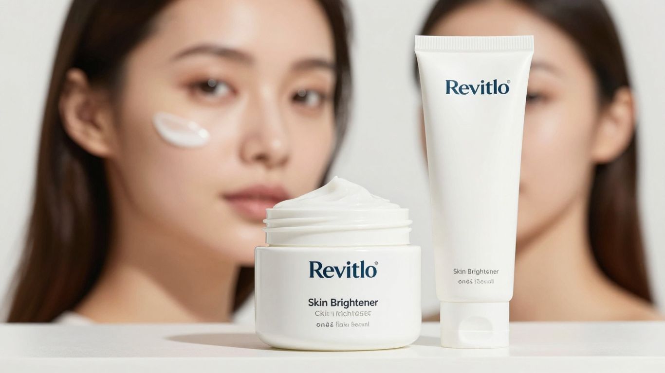 Revitol Skin Brightener Cream jar and tube with glowing skin.