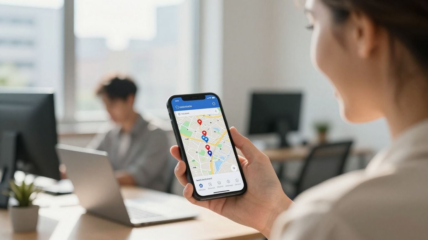 Small business owner with phone showing local map.