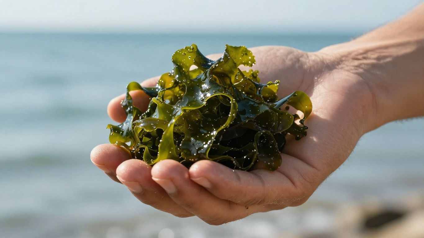 Man holding sea moss with ocean background