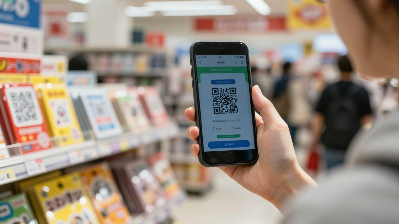 Shopper using smartphone for tax-free shopping QR code transaction.