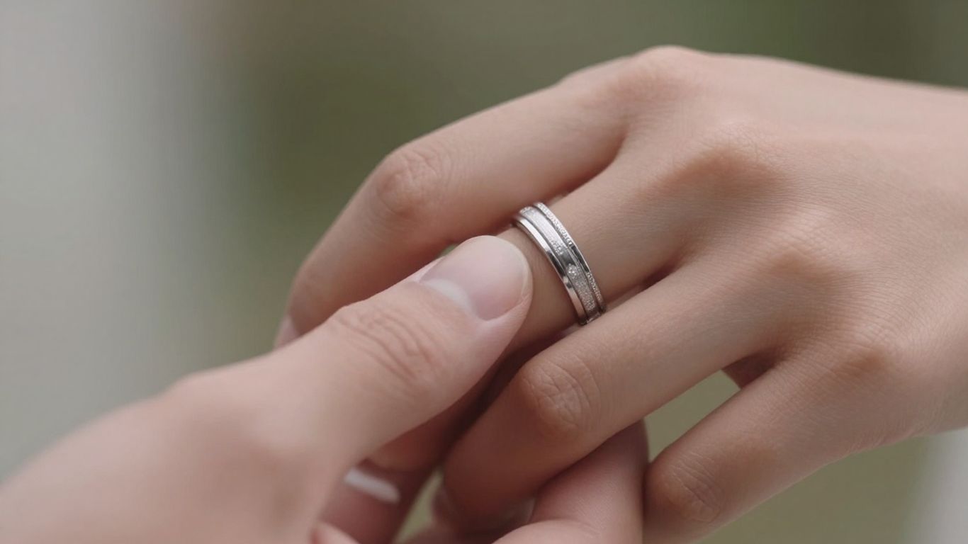 Close-up of hands wearing wedding bands.
