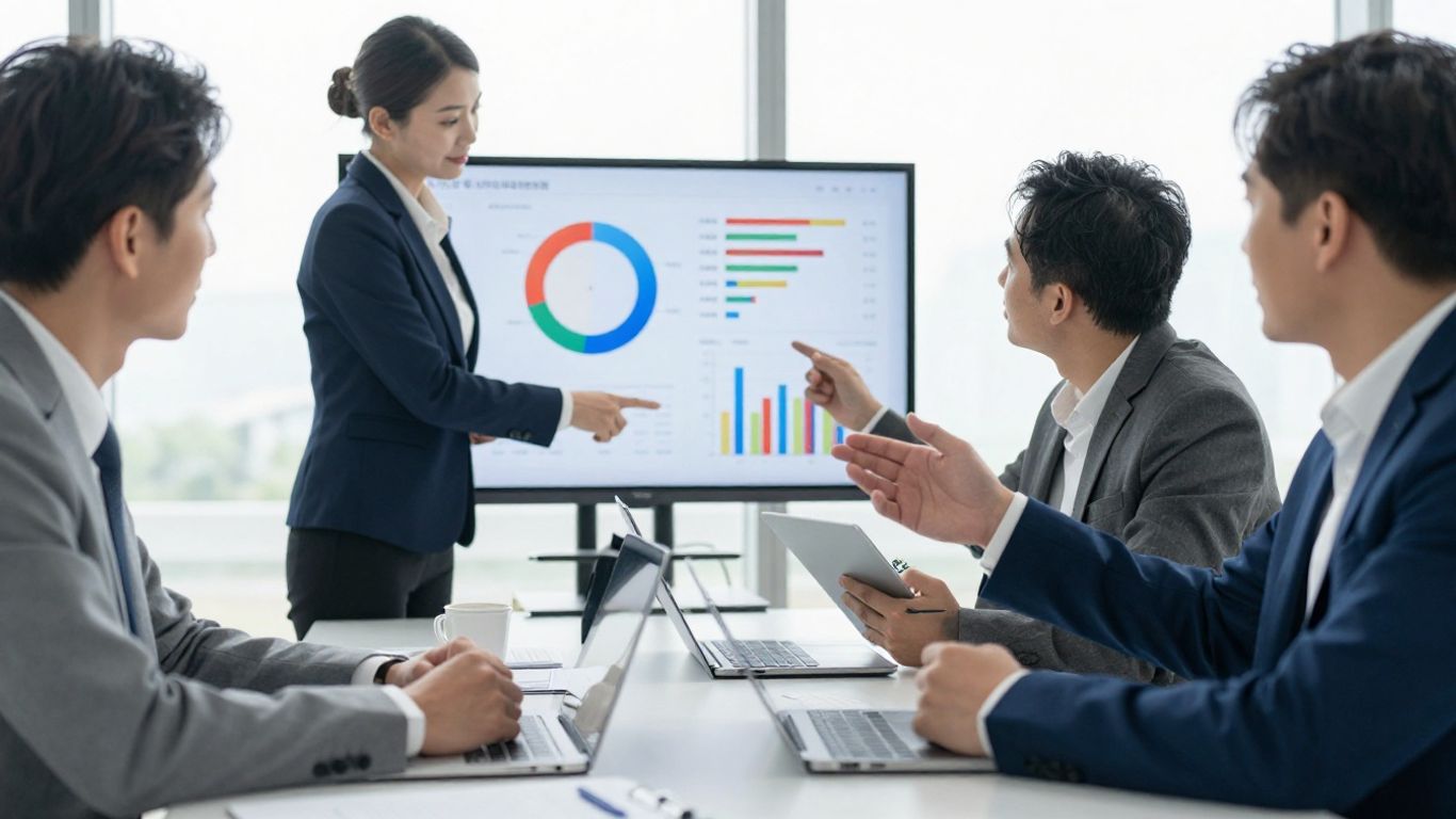 Hands pointing to data on a screen in a corporate meeting