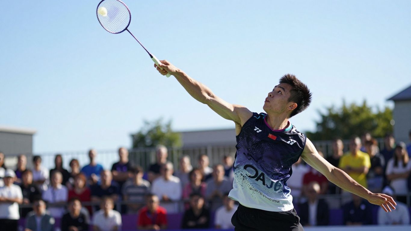 Badminton player in mid-air hitting shuttlecock