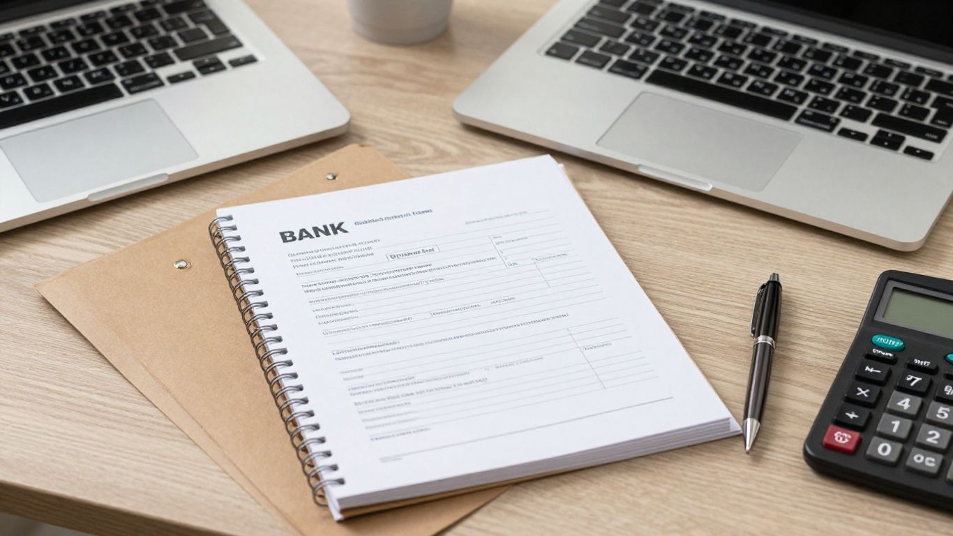 Desk with bank statement and laptop