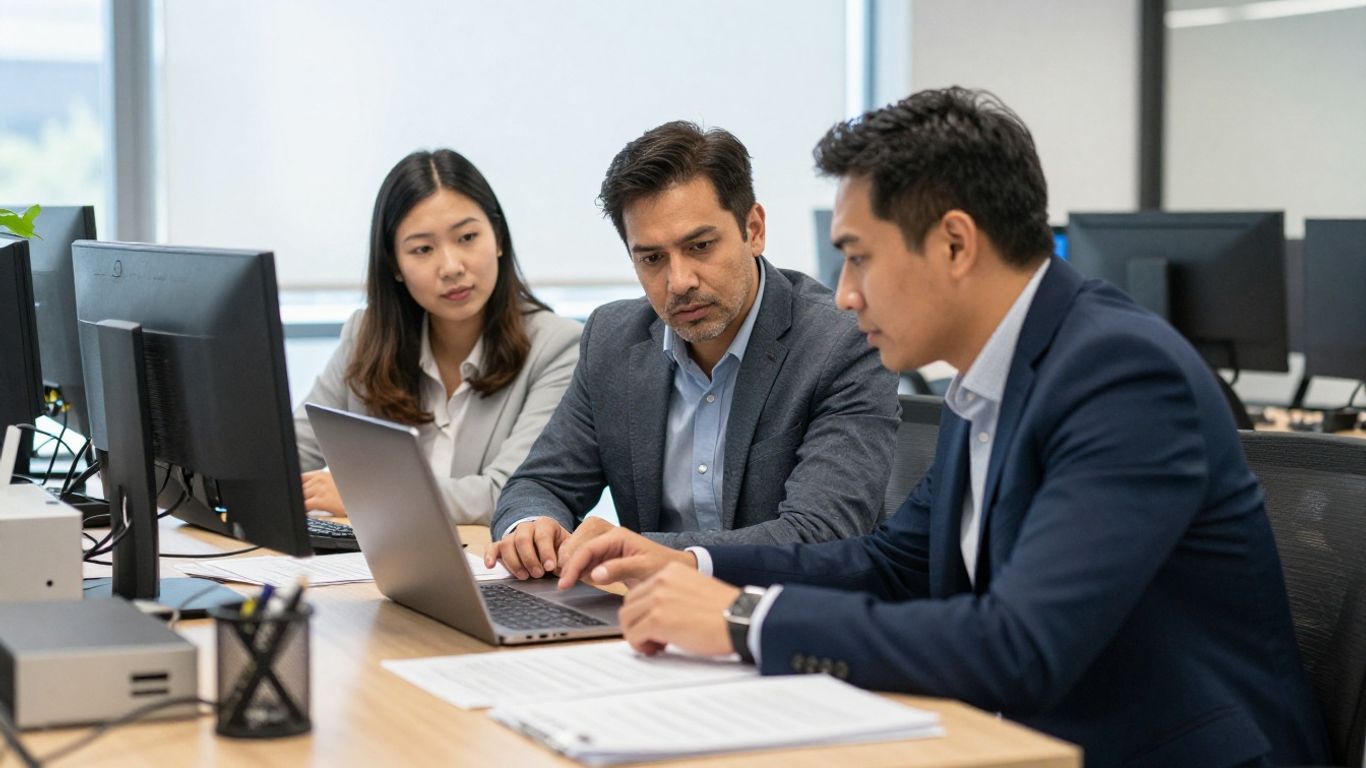 Business team discussing technology support in an office